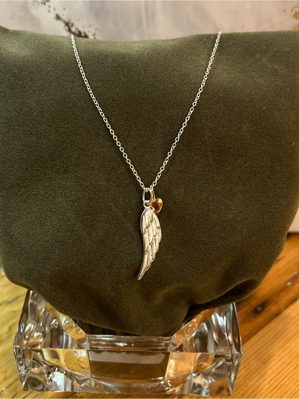 Sterling Silver Angel Wing Pendant Necklace with Heart  Minimalist Layering Boho